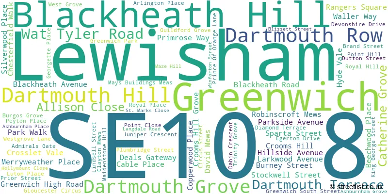 A word cloud for the SE10 8 postcode